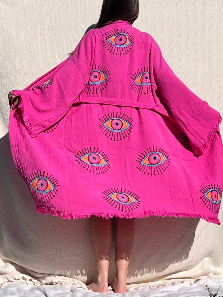 Barbie Kimono Robe, Lounge Wear, Beach Wear, Pink Evil Eye Robe, Morning Gown, Dressing Robe, House Gown