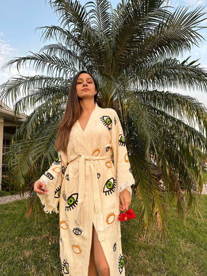 Green Eyes Kimono Robe, Lounge Wear, Beach Wear, Dressing Gown