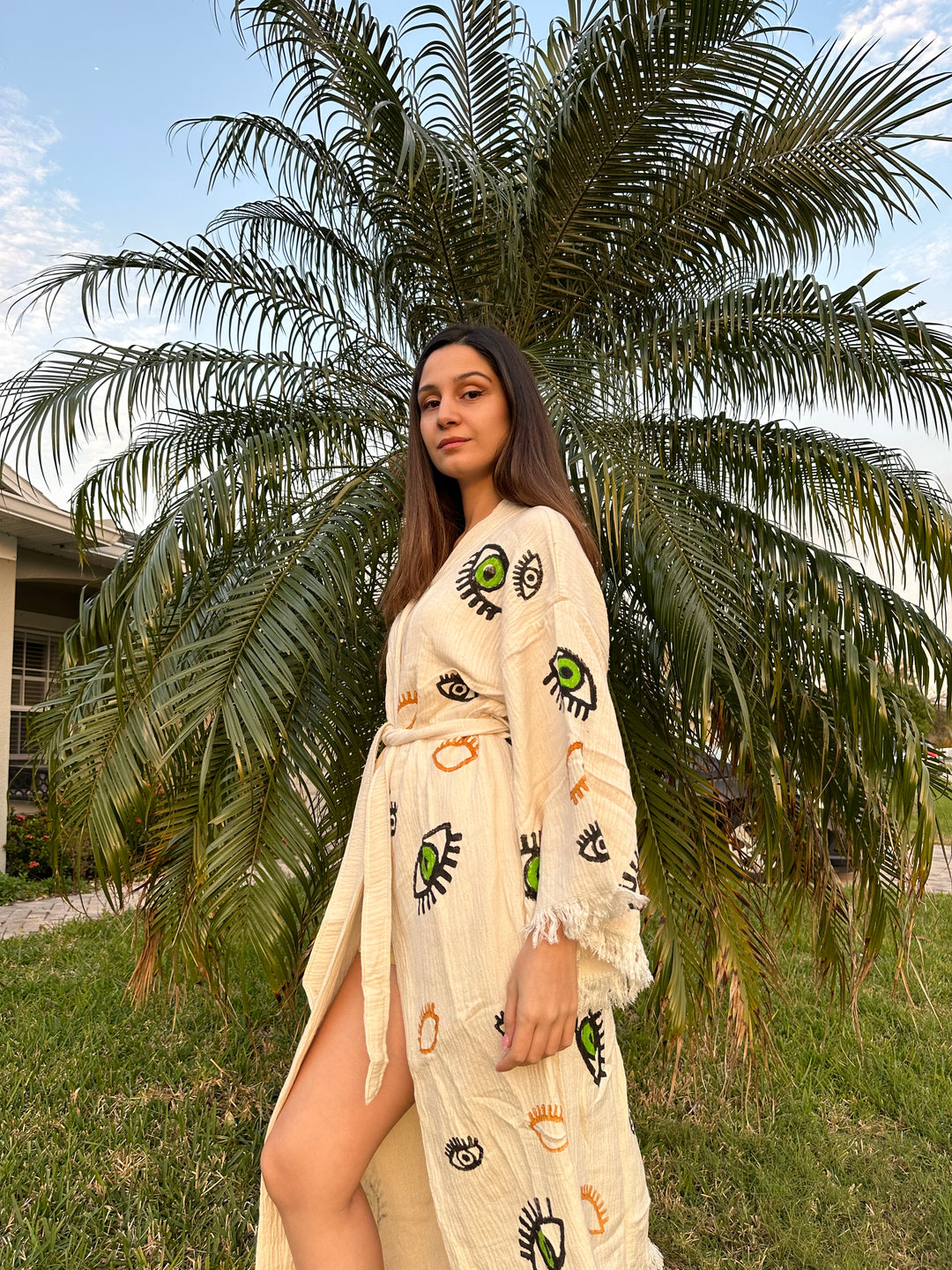 Green Eyes Kimono Robe, Lounge Wear, Beach Wear, Dressing Gown