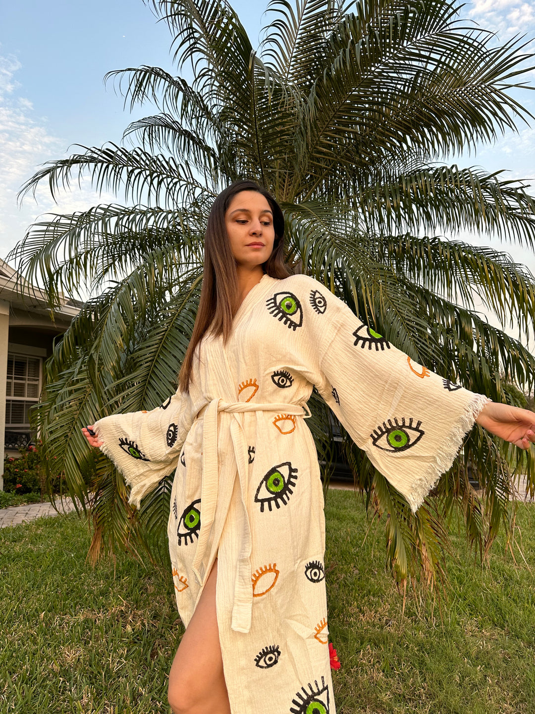 Green Eyes Kimono Robe, Lounge Wear, Beach Wear, Dressing Gown