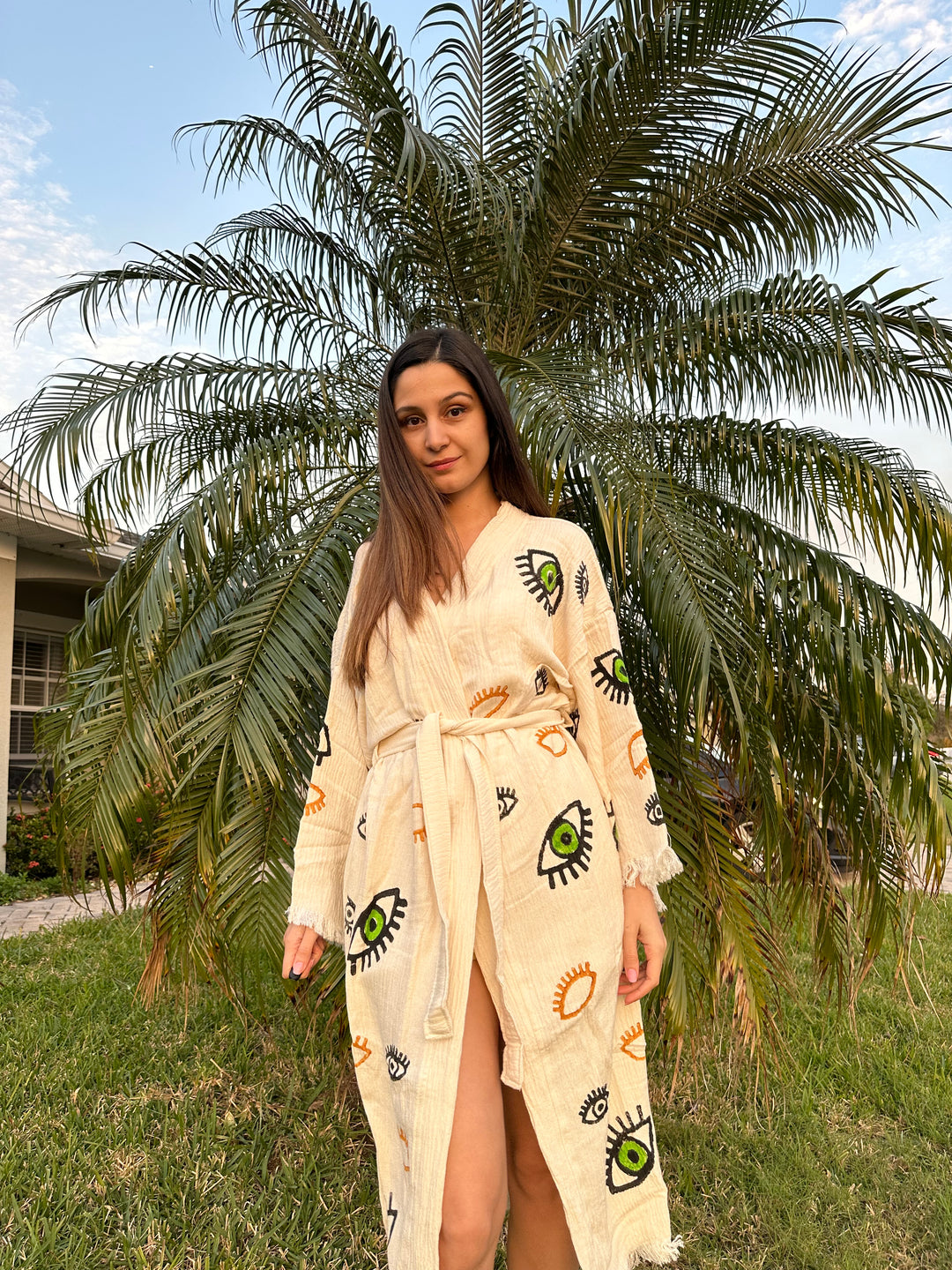 Green Eyes Kimono Robe, Lounge Wear, Beach Wear, Dressing Gown